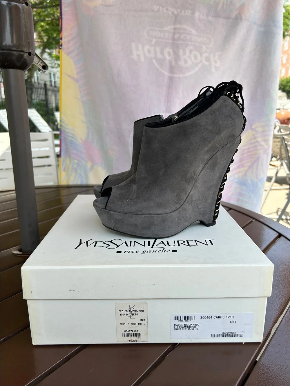 Yves Saint Laurent Gray Suede Wedge Peep-Toe Booties with Chain Heel
